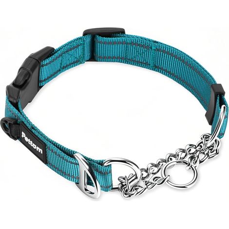 Collier Chien en Nylon Réfléchissant avec Chaîne Métallique, Bleu M (1/5)