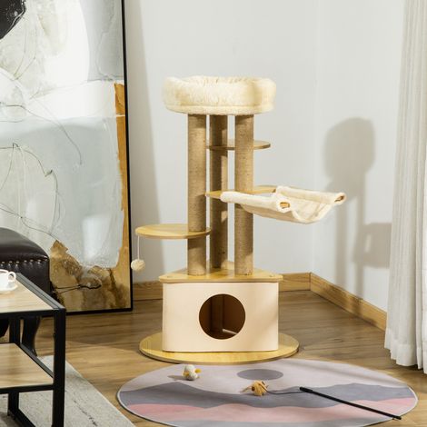 PawHut Katzenkratzbaum Ø60x99 cm mit herausnehmbarer dreieckiger Filzhöhle, Hängematte, waschbaren Jute-Kratzstämmen, Plattformen und Hängeball, Beige und Natur (1/5)