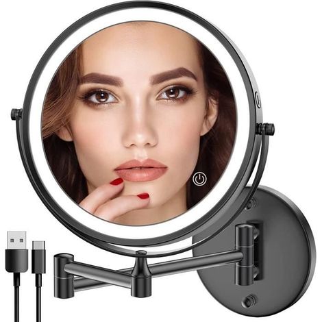 Miroir de maquillage - MARSEE - Miroir mural lumineux - Double face 1X/10X - Chargement USB - Pivotant 360° (1/4)