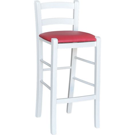 Weißer Holzhocker mit rotem Kunstledersitz, Höhe 67 cm vom Boden bis zur Sitzfläche