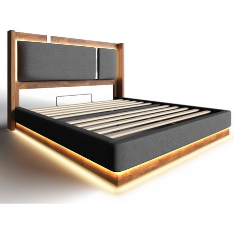 Cama doble tapizada 140 x 200 cm con somier de lamas, LED y arcón de almacenaje, gris y nogal (1/5)