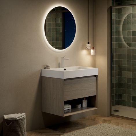 Meuble de salle de bain mural 70 cm avec lavabo en résine blanche et meuble chêne clair (1/5)