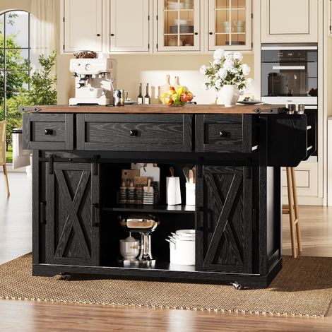 Isla de cocina con ruedas, sobre extensible y enchufes, 120,2 x 45,3/75 x 91,5 cm, MDF negro (1/5)