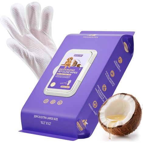 Gants de Nettoyage pour Chiens et Chats, 20, Parfum Coco Lingettes Humides Double Face pour le Toilettage et les Pattes, Sans Rinçage, Formule à l'Huile de Coco pour Peau Sensible (1/5)