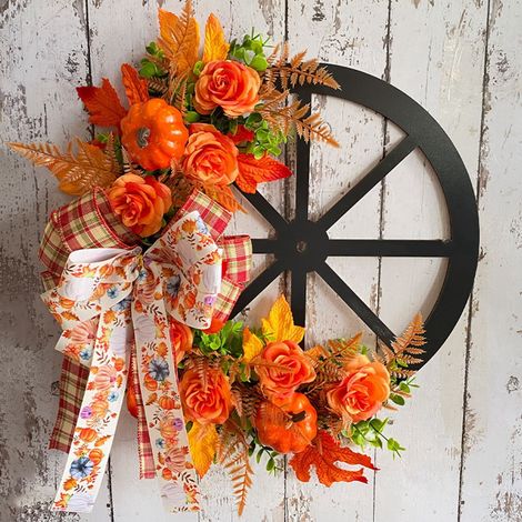 Couronne Automne - Couronne Citrouille Roue - Décoration Porte Intérieure Extérieure - Pour Thanksgiving Halloween Noël - Orange - 1 Pièce (1/5)