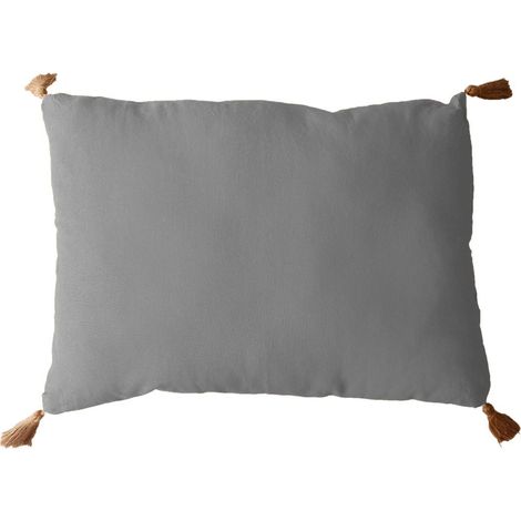 Coussin Déco Uni à Pompons "Panama" 50x70cm Gris Clair (1/2)