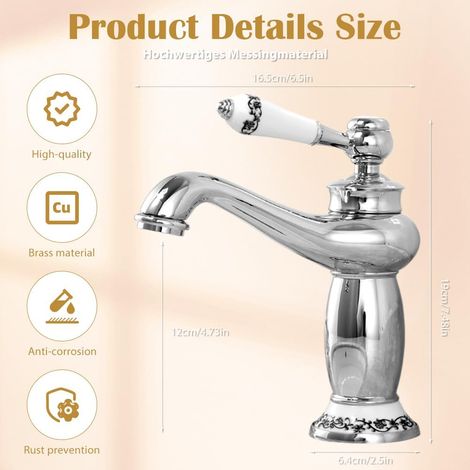 Robinet argenté motif floral – Col décoratif ancien, eau chaude froide – Idéal pour lavabo rétro (1/5)