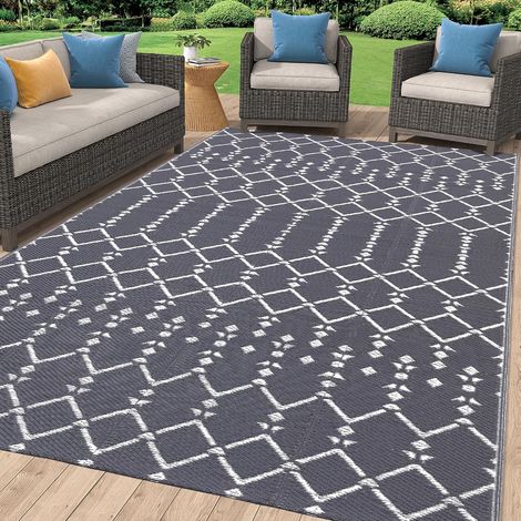 Tapis d'extérieur bohème et antidérapant en paille de plastique, imperméable, réversible, pour patio, jardin, terrasse, pique-nique, plage, camping, 120 x 180 cm, gris (1/5)