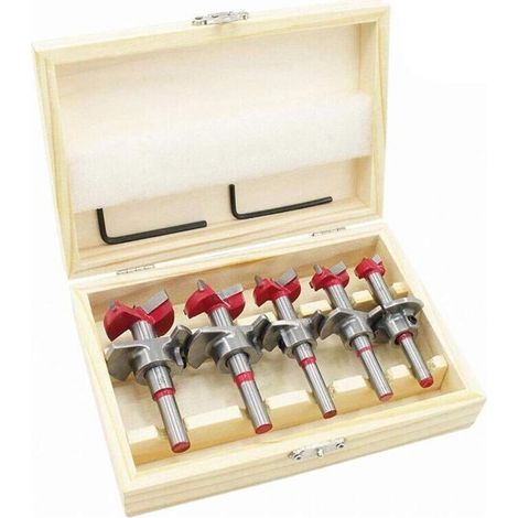 Mèches Bois, Coffret de 5 (Ø15-35 mm) Fraise Bois Façonner Jeu de Forets à Positionnement Ajustable, Scie Trépan au Carbure Cémenté avec Butée de Profondeur (Plage de Profondeur 10-40 mm) (1/4)