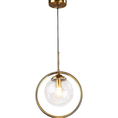 Lustre Suspendu Moderne avec Abat-jour Sphérique en Verre et Anneau Laiton - Hauteur Réglable pour Salle à Manger,Salon,Chambre (Transparent) (1/5)
