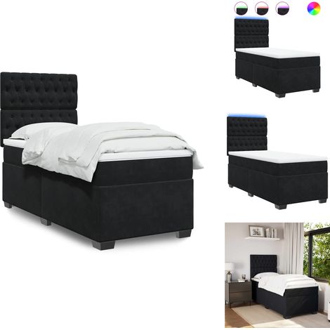 Boxspringbett mit Matratze Schwarz 80x200 cm Samt - Boxspringbett - Samtbett - LED Beleuchtung - Höhenverstellbares Kopfteil - Matratzenauflage (1/5)