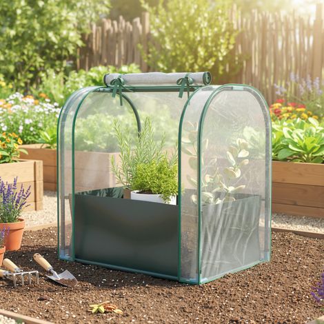Mini serre de jardin mobile avec sac de plantation, abri végétal à porte enroulable, 68x50x70 cm, vert foncé