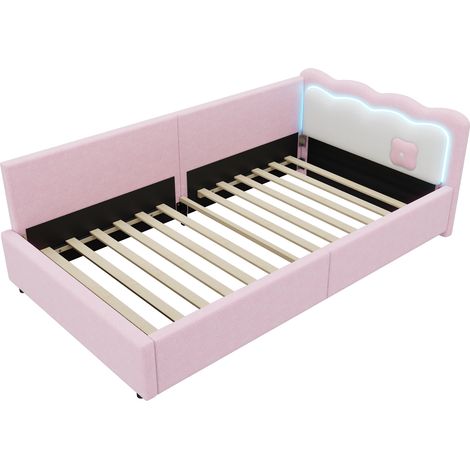 Lit de jour, canapé-lit, 90200cm, éclairage d'ambiance LED, lit avec sommier à lattes (sans matelas), non-tissé imitation, rose