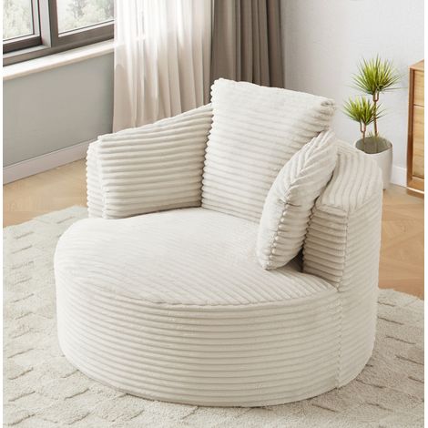Fauteuil rond beige en velours côtelé avec dossier rembourré ergonomique (1/5)