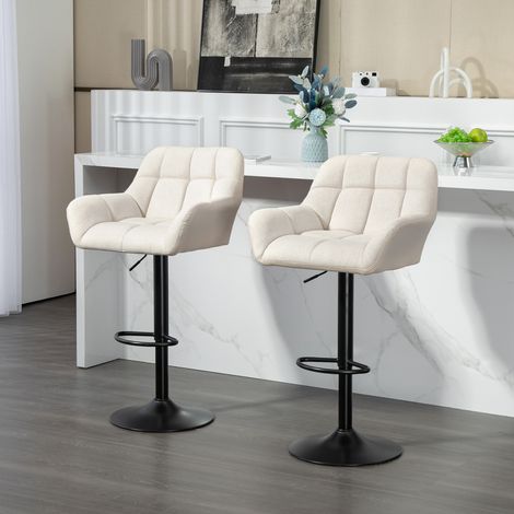 Set di 2 sgabelli da bar, design retrò, regolabili in altezza, similpelle effetto lino, crema + nero