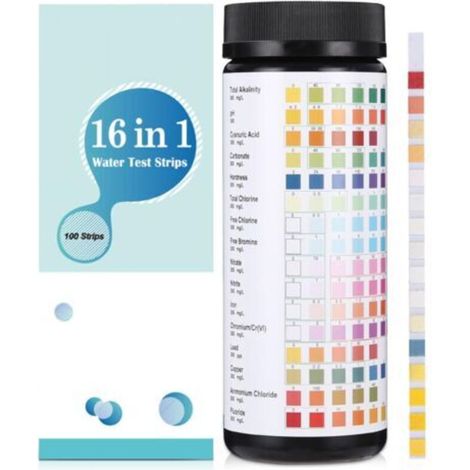 16 en 1 Bandelette Piscine et Spa, 100 Testeur PH Piscine, Bandelette Test Piscine, Testeur Piscine pour Tester la dureté, l'alcalinité Totale, le Chlore Libre, le Brome, le pH et plus (1/5)