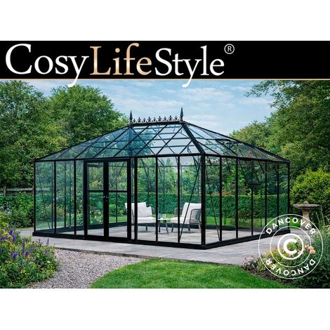 Orangerie, Gewächshaus aus Glass 19m², 5,14x3,71x3,15m mit Sockel und Aufsatz, Schwarz - Dancover