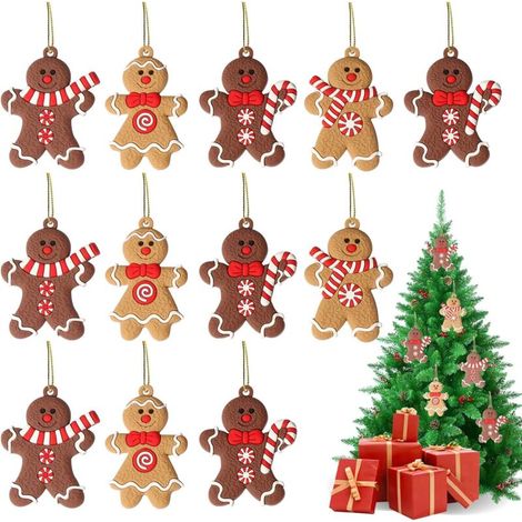 12 pendentifs sapin de Noël en forme de bonhomme en pain d'épice pour décoration de fête et loisirs créatifs (4 modèles) (1/5)