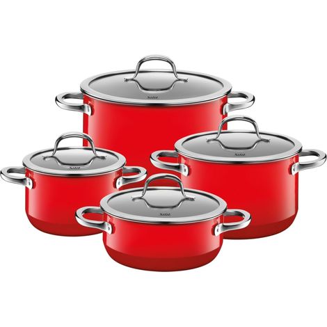ensemble de casseroles 4 pièces, casseroles avec couvercles en verre, céramique fonctionnelle, casseroles à induction, casserole à induction, rouge (1/5)