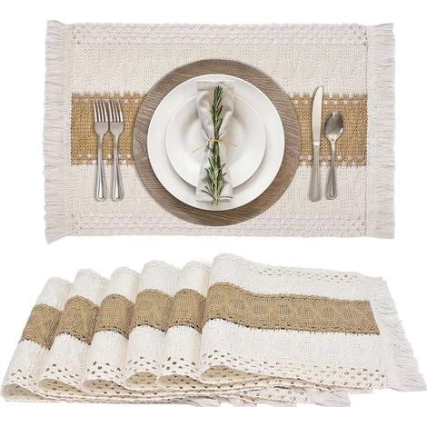 Lot de 6 sets de table bohème tissés en tissu et coton - Rectangulaires et rustiques - Beige - Macramé - Pour mariages rustiques, fêtes de famille, table à manger et cuisine - 30 x 50 cm'Parent'-'-