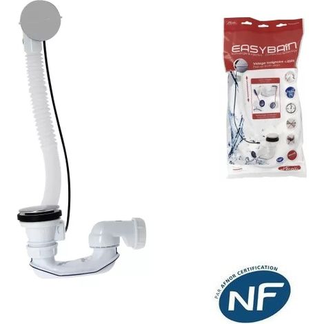 Nicoll – Vidage baignoire siphon extra-plat 70 l/min – Double orientation 360° – Tube de trop-plein réglable – Longueur câble 650 mm
