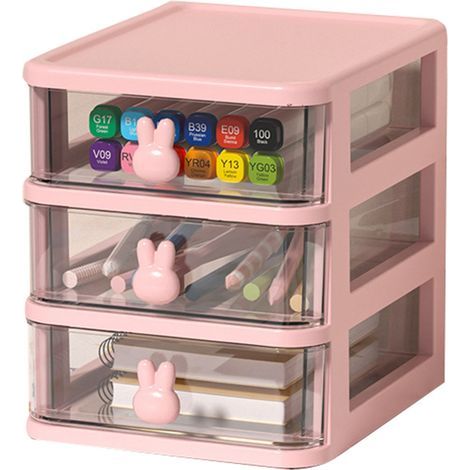 Boîte de Rangement pour Bureau Multiniveaux Transparente Grande Capacité avec Poignée Lapin, Organisateur de Tiroirs pour Livres Stylos Bureau Rose, 3 Niveaux (13.4x17x16cm) (1/5)