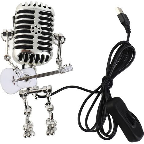 Lampe de table robot guitare-microphone vintage USB en aluminium et métal, veilleuse rétro pour chambre, bureau, décoration intérieure blanche (1/5)