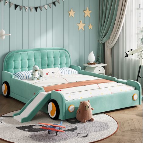 Lit enfant voiture 140x200 cm avec toboggan et escalier, bleu-vert HAVRYA (1/5)