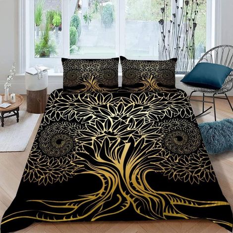 Bettwäsche Set 200x200 cm Baum des Lebens 3D Motiv Abstrakte Kunst Mikrofaser mit Reißverschluss und 2 Kissenbezügen 80x80 cm