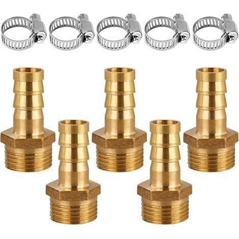 Lot de 5 raccords de tuyau en laiton de 10 mm x 1/4" filetage extérieur pour air, gaz, eau, carburant avec 5 colliers de serrage" (1/5)