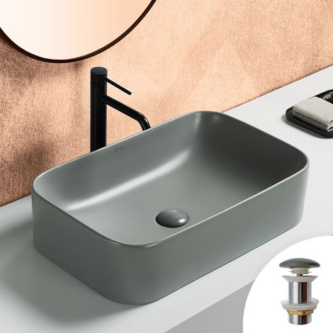 Vasque 61x38cm à poser rectangulaire en céramique gris ciment mat + bonde pop-up incluse collection POLA (1/5)