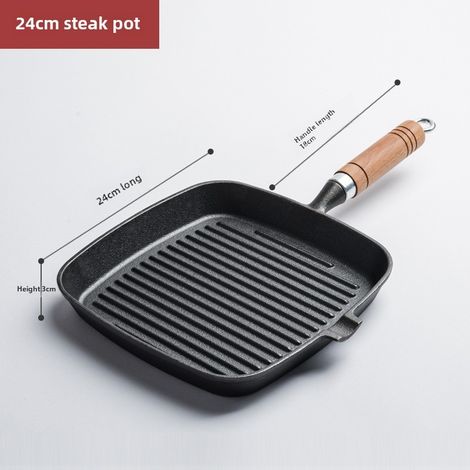 Sartén para carne de hierro fundido Source Factory, sin revestimiento, antiadherente, acanalada, 24 cm (Sartene para carne de 24 cm con pico vertedor y mango de madera) (1/5)