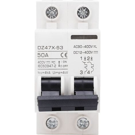 Disyuntores de 50 A, 400 V CA/CC, 2 polos, 4 KA, con disparo electromagnético y capacidad de corte para sistemas fotovoltaicos de paneles solares. Instalación en riel DIN de 35 mm. Disyuntor bipolar. (1/4)