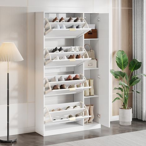 Meuble à chaussures blanc avec miroir 80x24x147cm - 4 casiers rabattables + étagère réglable - Design moderne pour entrée (1/5)