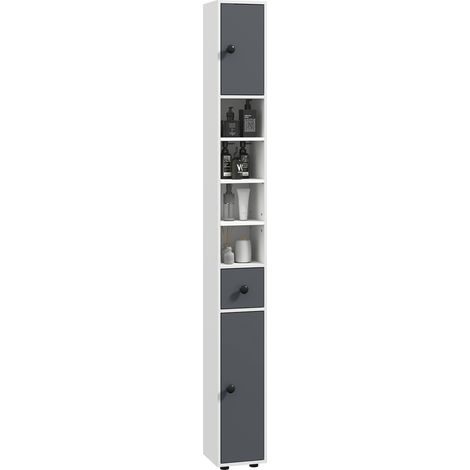 Colonne de salle de bain avec 1 tiroir, 5 étagères et 2 portes, idéale pour le salon ou la chambre. Charge maximale : 30 kg. Dimensions : 20 x 20 x 180 cm. Couleur : gris.