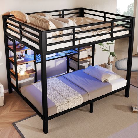 Letto a castello 204x145x170 cm nero in metallo e MDF con ripiani, LED e prese USB-C (1/5)