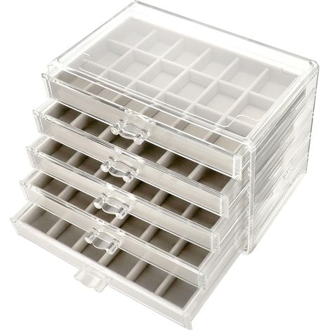 Boîte à bijoux en acrylique, avec 5 tiroirs, organisateur de bijoux, rangement transparent pour bijoux, gris (1/5)