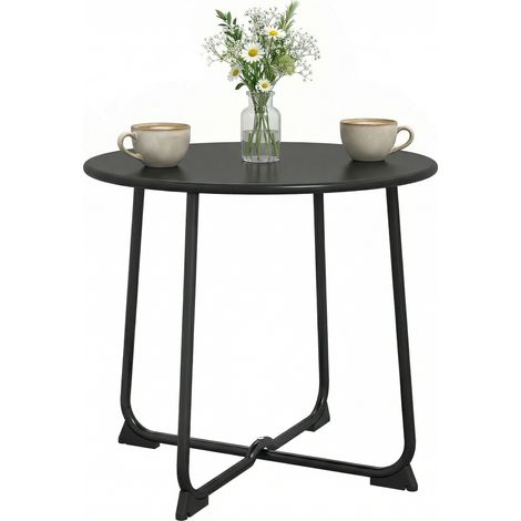 Runder Gartentisch für 2 Personen, Outdoor-Couchtisch aus schwarzem Metall, X-förmige Struktur, Ø 50 x 45,5 cm, modernes Design für Terrasse und Balkon.