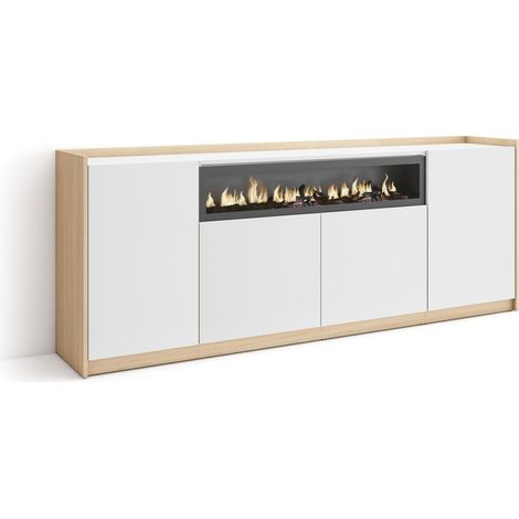 Skraut Home - Aparadores para salón, 207x37x80cm, 4 Puertas, Chimenea eléctrica, Blanco y roble soft (1/5)