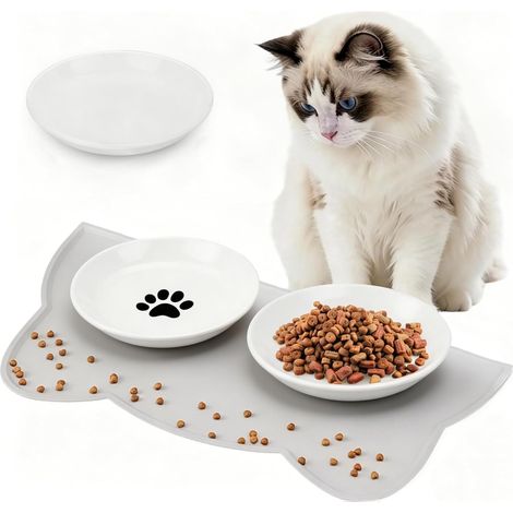 Keramik Katzen Näpfe 3er Set rutschfest mit Silikonmatte Whisker Friendly Rutschfeste Keramik Katzen-Näpfe 3er Set mit Silikonmatte, whisker-friendly, breite flache Schalen, spülmaschinenfest (1/5)