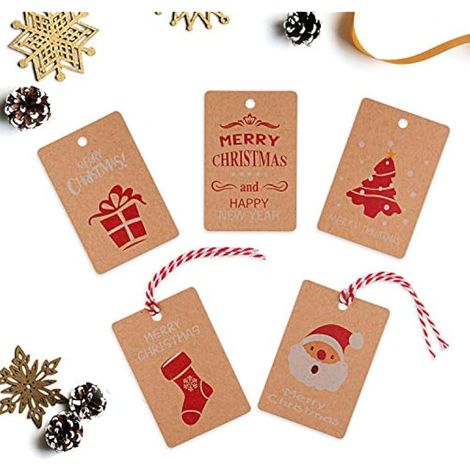 50 étiquettes cadeaux de Noël en papier kraft avec cordelette pour emballer vos cadeaux, 5 motifs de Noël