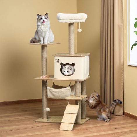 Arbre à chat 130 cm en bois avec griffoir, hamac, maison et jeux, jouet chat, pour chats actifs (1/5)