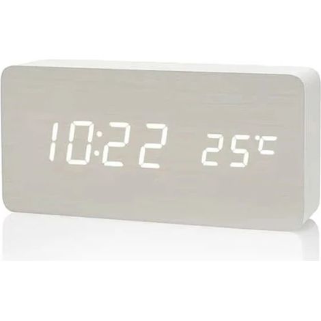 Réveil numérique en bois blanc avec affichage LED de l'heure et de la température. (1/5)