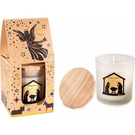 Candele di Natale profumate in vasetto di vetro con tappo di legno in confezione regalo con finestrella decori Presepe, set da 4 pezzi, Ø 8 cm x 9,5 H
