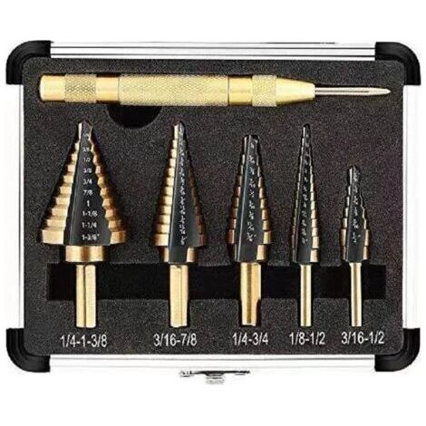 Foret Étagé 5PCS avec Poinçon Central Automatique et Foret Hélicoïdal - Coupe Conique Double Fente Revêtu de Titane (1/4)