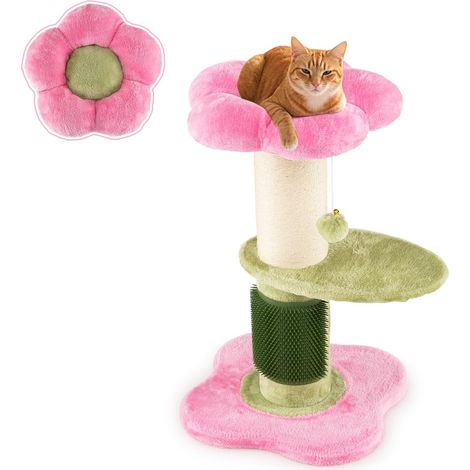 COSTWAY Petit Arbre à Chat Fleur 69 cm, 2 Plateformes, Ø13 cm Poteau à Griffer en Sisal, Brosse d'Toilettage, Arbre a Chat Design à 3 Niveaux, Pompon Suspendu, Tissu Peluche, 40 x 40 x 69 cm (Rose) (1/5)
