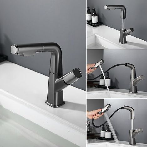 Grifo extraíble para lavabo, grifo giratorio de agua caliente y fría para lavabo, gris (1/4)