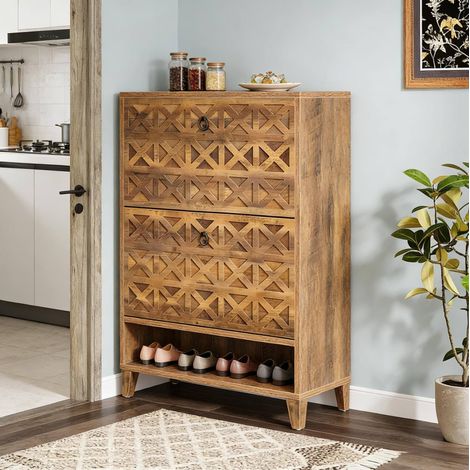 Schuhschrank 80 x 24 x 110 cm mit 2 Klappen, offenem Regal, braun HAVRYA (1/5)