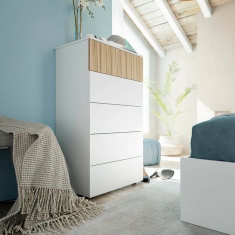 Dmora - Schubladenschrank Dorig, Kommode mit 5 Schubladen, Kommode für Schlafzimmer, Moderne Kommode, 61x40x109 cm, Weiß und Eiche (1/5)