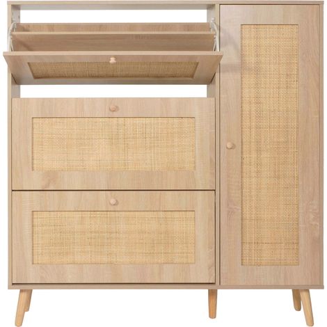 [NEUWERTIG] Rattan-Schuhkipper HHG-214, Schuhregal Schuhschrank, 3 Kippfächer 2 Regalböden 127x120x24cm Holz Melamin Eiche-Optik